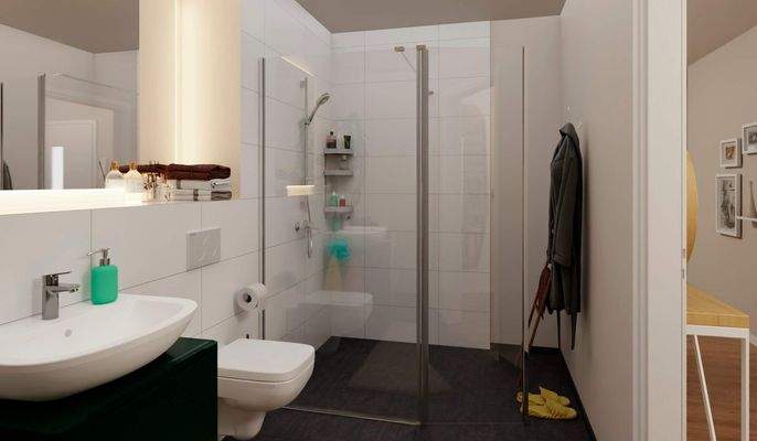 Eine bodengleiche Dusche gestaltet die Morgenrouti