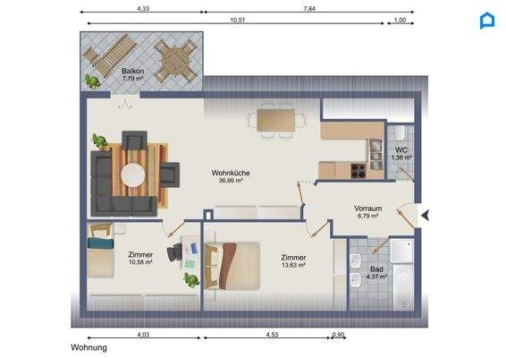 3 Zimmer plus Balkon