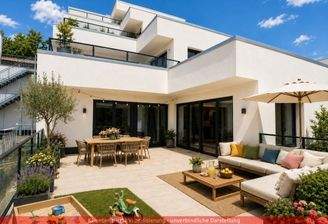 Außenansicht mit extra großer Terrasse - KI generiert
