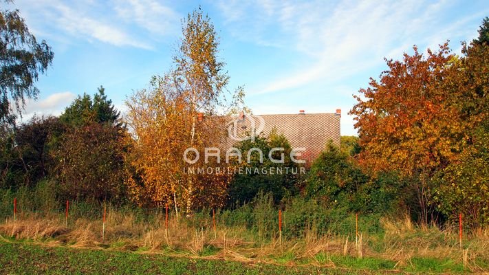 Garten und Haus vom Acker gesehen