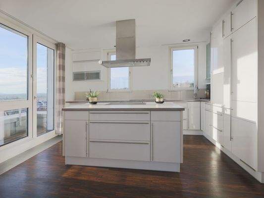 Helle, großzügige Einbauküche mit zentraler Kochinsel