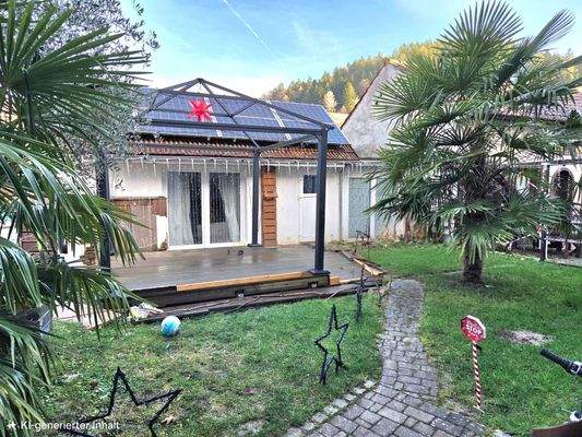 Kleiner, pflegeleichter Garten im Hinterhof mit ausgebauter Garage und verschiebbarer Terrasse, um...