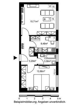 Grundriss mit Wohnzimmer (15,71 m²), Schlafzimmer (13,88 m²), Küche  (6,48m²), Bad (3,08 m²) und Flur (5,20 m²).