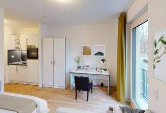 Ansicht I: Wohn- und Schlafbereich mit Pantryküche (Beispiel-Visualisierung)