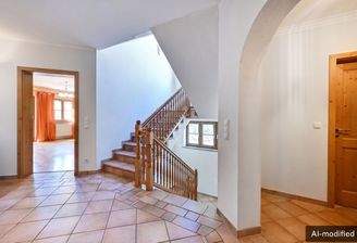 [KI-generiertes Foto] Harmonisch gestalteter Eingangsbereich mit charaktervoller Holztreppe