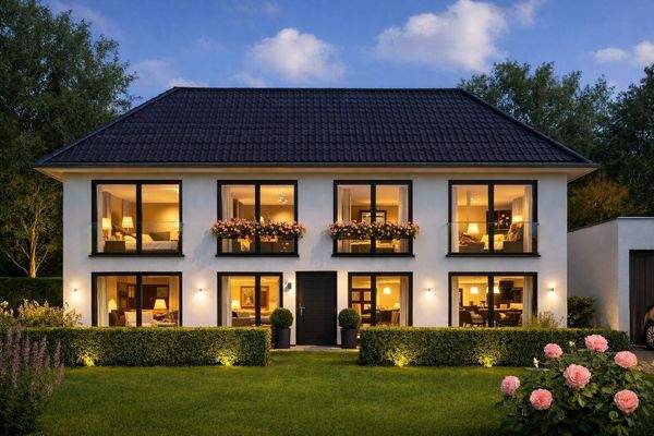 Visualisierung modern mit bodentiefen Fenster bei Dämmerung