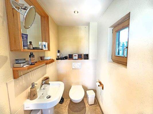 WC-Bereich im Saunahaus mit Bad (Fußbodenhzg.) und Gästebereich