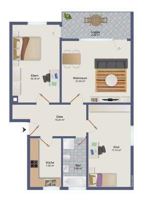 Grundriss 3-Zimmer-Wohnung außen