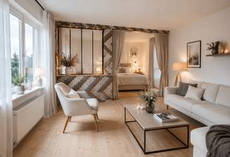 Wohnzimmer mit Schlafecke KI