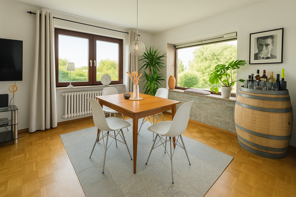 Helles Esszimmer mit Panoramablick ins Grüne