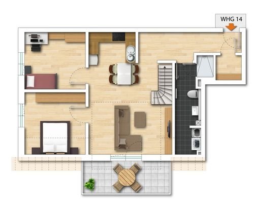 Grundriss  Whg. Nr. 14 mit Ausbauoption Dachspitz (nicht maßstabsgetreu - kann vom Original abweichen)