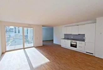 Ansicht I: Wohn- und Esszimmer mit offenem Küchenbereich