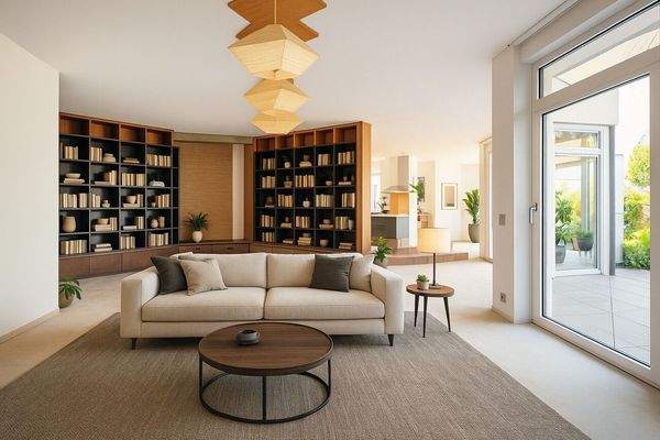 Visualisierung Wohnzimmer mit maßgefertigtem Couchtisch und großzügiger Fensterfront