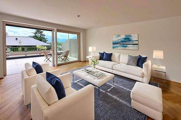 Der helle Wohn-/Koch-/Essbereich mit großzügigen Schiebefenstern - Visualisierung