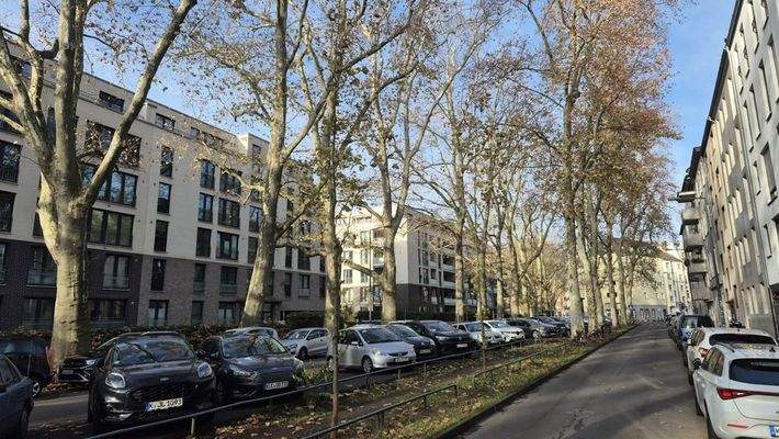 Schmale Straßenführung mit vielen Parkplätzen