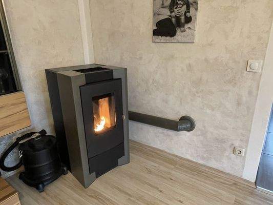 Pelletsofen im Wohnzimmer im EG