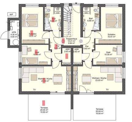 Grundriss Whg.1, EGre rot markiert 