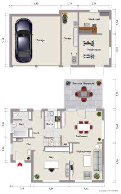 Grundriss Erdgeschoss (nicht maßstabsgerecht, Möblierungsbeispiel)