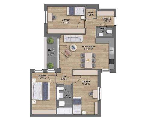 Grundriss mit Beispielmöblierung