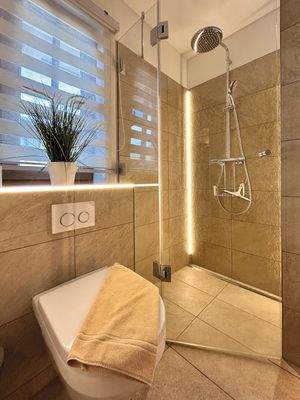 geräumige Dusche und WC