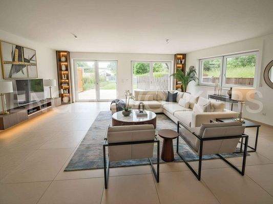 Visualisierung des Wohnzimmers mit Terrassenzugang