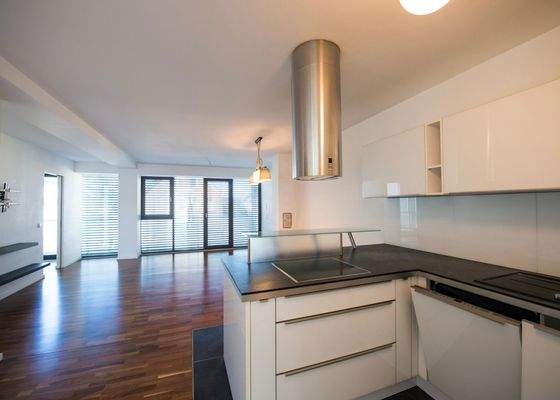 Küche mit Blick in das Wohnzimmer