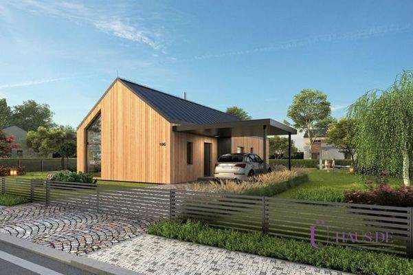 Bungalow 106 Außenansicht 3 mit Logo