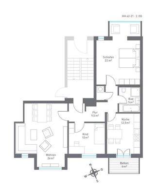 Variante 3 Raum mit Küche am Balkon