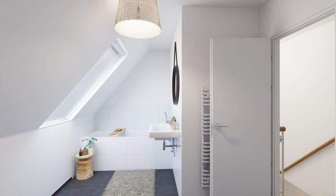 Ein modern gefliestes Badezimmer