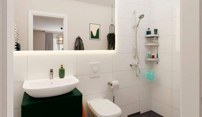 Ein Bad, das mit Struktur und Helligkeit überzeugt