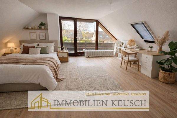 Helles, gemütliches Dachzimmer mit Balkon (KI generiert)