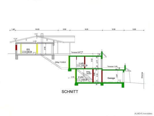 Schnitt durch das Chalet v d Garage über die Einlegerwohnung ins großzügige Erdgeschoß