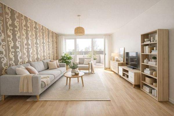 Visualisierung - Einrichtungsbeispiel großes Wohnzimmer mit Zugang zum Balkon