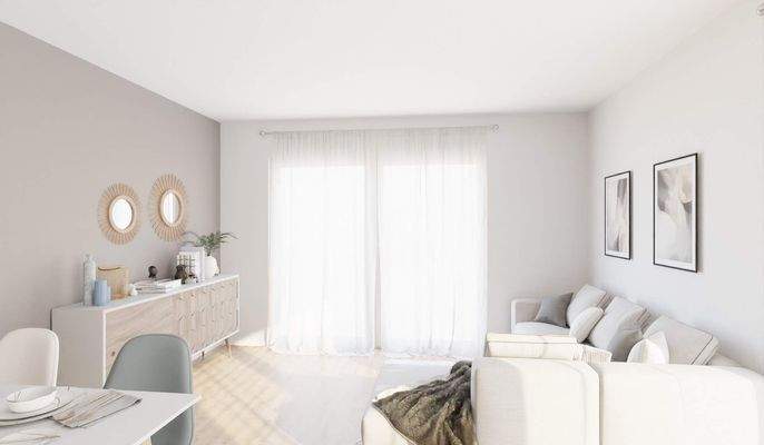  Lichtdurchfluteter Wohnbereich mit angrenzendem Balkon mit Blick zum Rhein