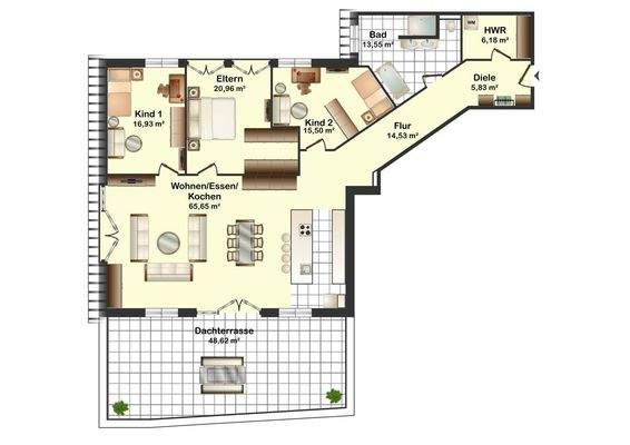 Grundriss Nr 14 - 4-Zimmer DG mit Dachterrasse