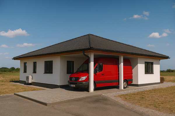 Unter das Carport passt sogar ein Transporter