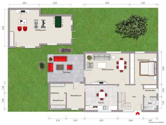 Grundriss Erdgeschoss (nicht maßstabsgerecht, Möblierungsbeispiel)