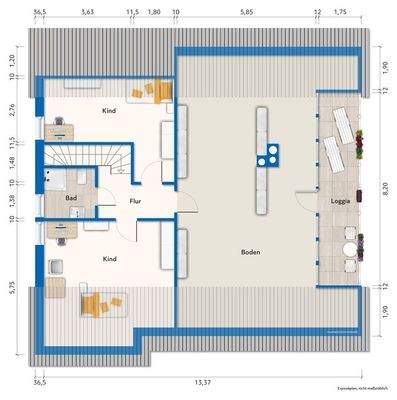 Dachgeschoss mit Mustermöblierung