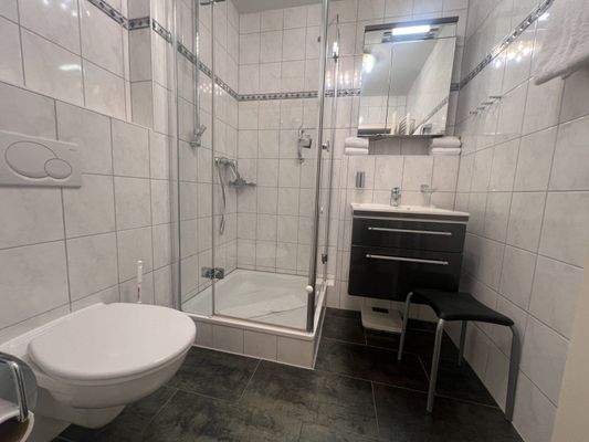 Modernes Badezimmer mit Dusche, WC und praktischem Waschtischunterschrank