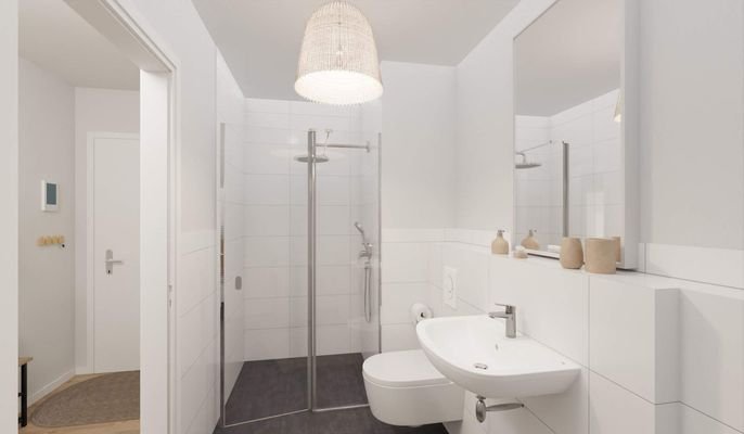 Modern gefliestes Badezimmer mit bodengleicher Dus