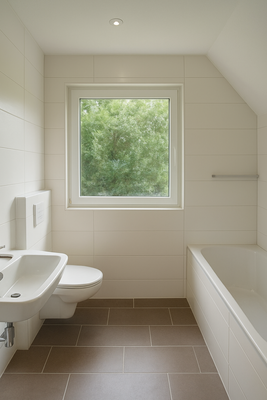 Moderne Badezimmeransicht mit grünem Ausblick