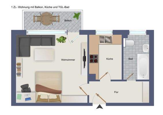 1 Zi.-Wohnung mit Balkon, Küche und TGL.-Bad