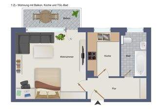 1 Zi.-Wohnung mit Balkon, Küche und TGL.-Bad