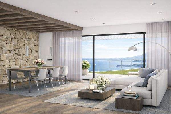 Modernes Wohnzimmer mit Blick über den Gardasee