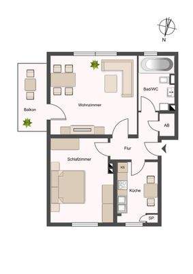 Grundriss einer ca. 58m² großen 2-Zimmer-Wohnung mit Flur, Küche, Badezimmer, Wohnzimmer, Schlafzimmer und Balkon