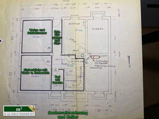 Souterrain-Grundriss bemaßt