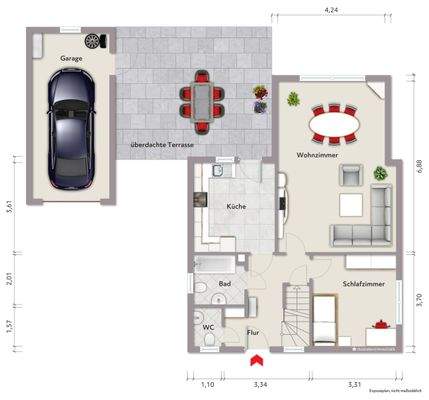 Grundriss Erdgeschoss  (nicht maßstabsgerecht, Möblierungsbeispiel)