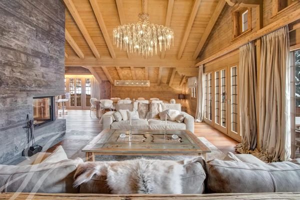 Living-room Fireplace Chandelier Sliding windows Wooden floor