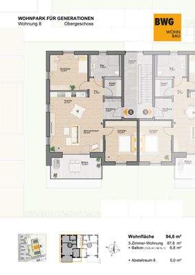 Grundriss 8 OG, 3-Zi., 94,6m@