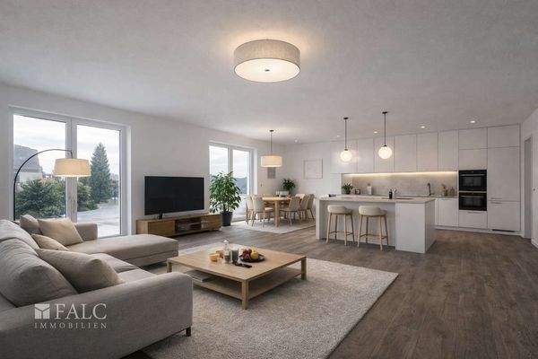 „Offener Wohn- und Küchenbereich mit großzügigem Raumgefühl, Möblierung visualisiert.“